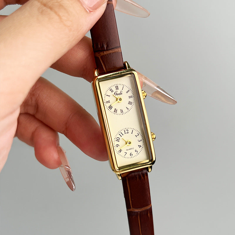 Creative Double Time Zone Business Niche Retro Rectangular High Sense Double Inserts Women's Quartz Watch