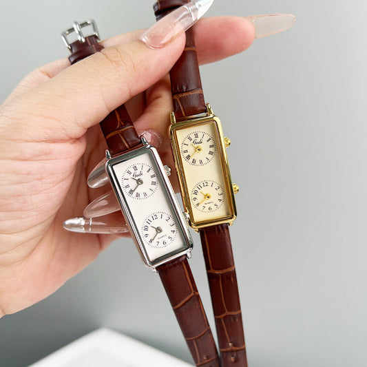 Creative Double Time Zone Business Niche Retro Rectangular High Sense Double Inserts Women's Quartz Watch